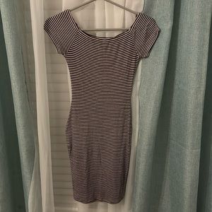 red, black, white stripped dress